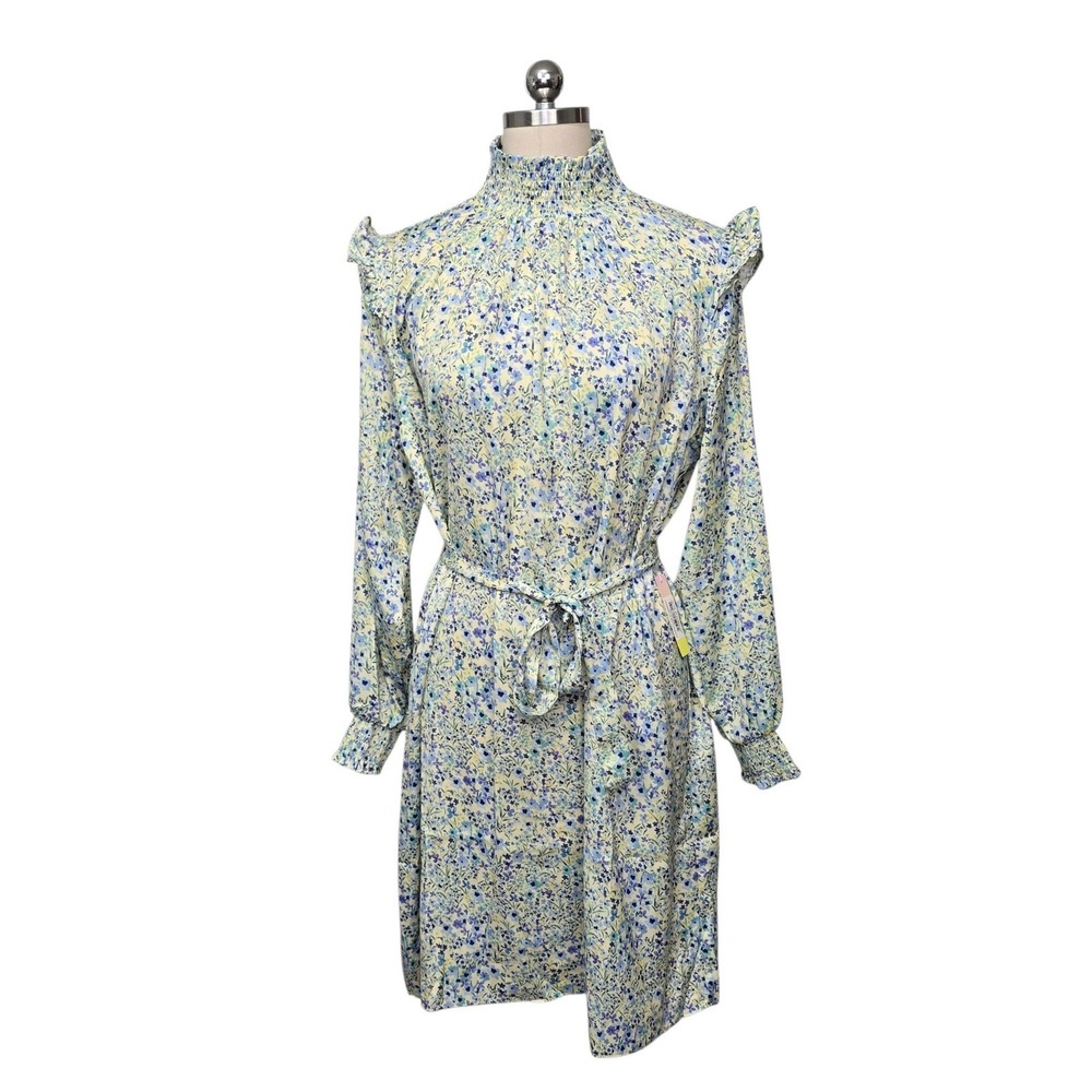 Summersalt Floral Smocked High Neck Ruffle Midi Dress Blue Yellow Size Large